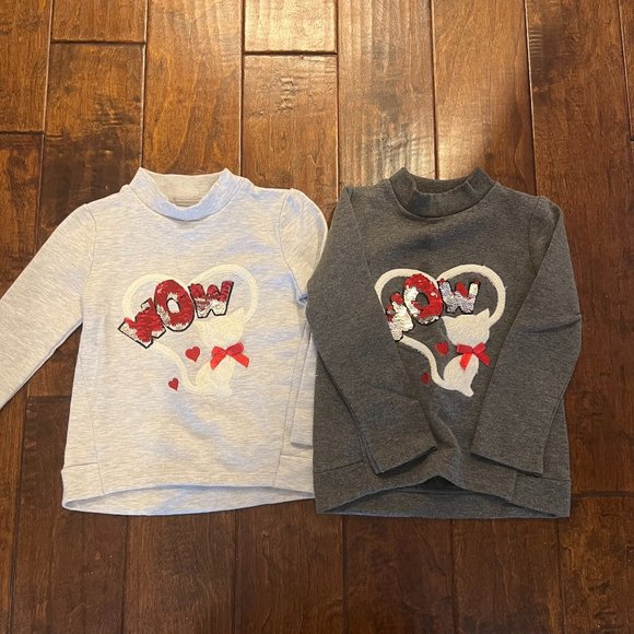 Other - 2Y High Collar Long-sleeve Fleece Sweatshirt w/ Kitty Design (White or Gray)